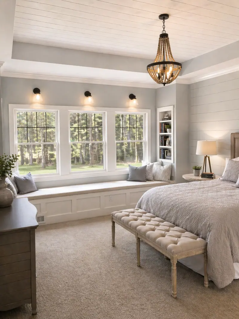 Primary bedroom with shiplap tray ceiling, beaded chandelier, and a window-seat bench