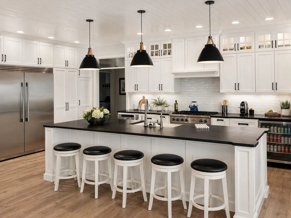 Modern white kitchen with black pendant lighting, large island, and honed quartz countertops