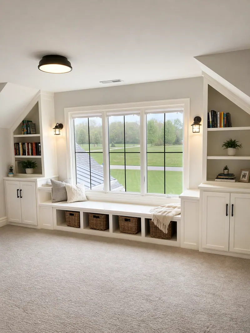 Upstairs bonus room with a tall mullioned window seat and built-in basket storage